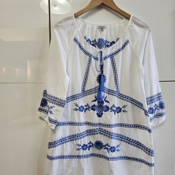 Tristan White Blue Floral Embroidered Cotton Long Sleeve Mini Dress Gothic Greek - Picture 2 of 16